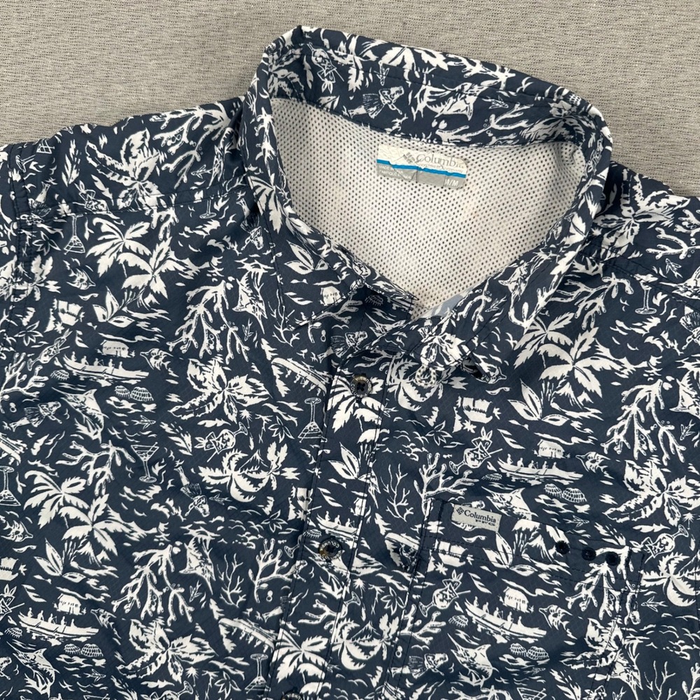 Columbia‎ PFG Fishing Shirt Mens M Navy White Tropical Palm Tree Short Sleeve